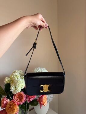 Black Leather Shoulder Bag with Gold Accent